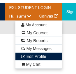 Screenshot of drop down menu, under "Hi [your name]" where you select edit profile