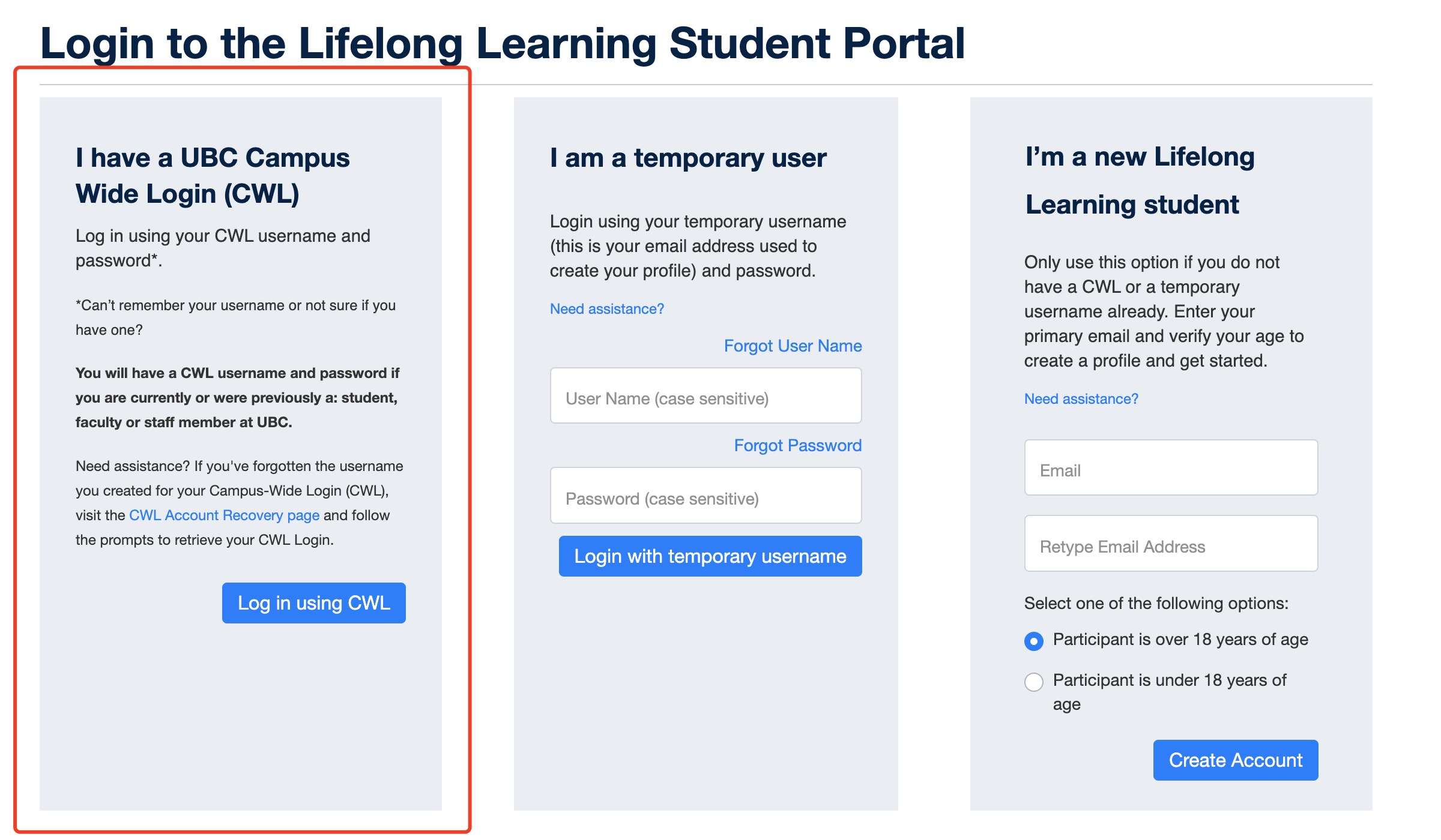 lifelong learning account login page screenshot