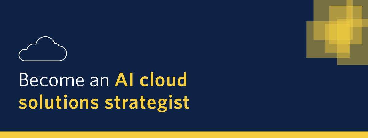 Graphic with cloud icon and headline become an ai cloud solutions strategist.