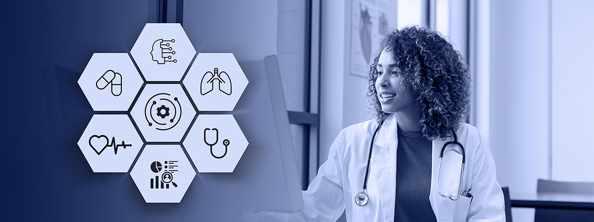 graphic with icons depicting health analytics and a medical professional in the background.